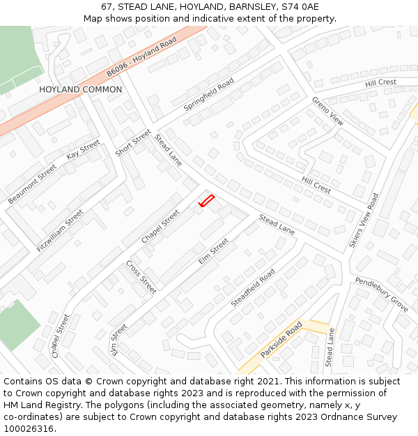 67, STEAD LANE, HOYLAND, BARNSLEY, S74 0AE: Location map and indicative extent of plot