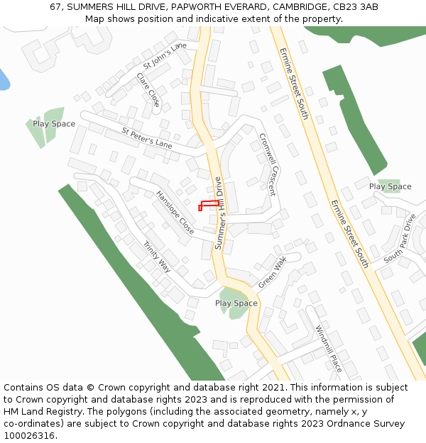 67, SUMMERS HILL DRIVE, PAPWORTH EVERARD, CAMBRIDGE, CB23 3AB: Location map and indicative extent of plot
