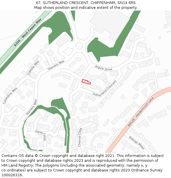 67, SUTHERLAND CRESCENT, CHIPPENHAM, SN14 6RS: Location map and indicative extent of plot