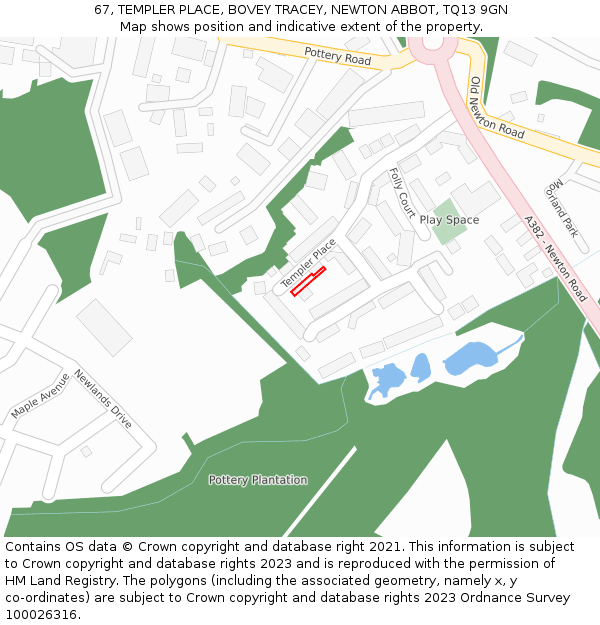 67, TEMPLER PLACE, BOVEY TRACEY, NEWTON ABBOT, TQ13 9GN: Location map and indicative extent of plot