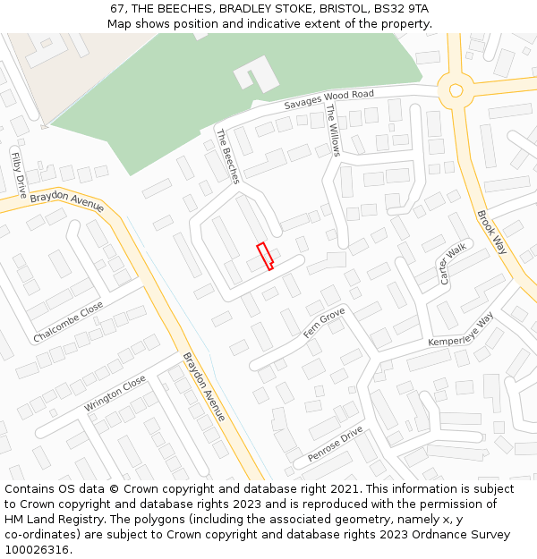 67, THE BEECHES, BRADLEY STOKE, BRISTOL, BS32 9TA: Location map and indicative extent of plot