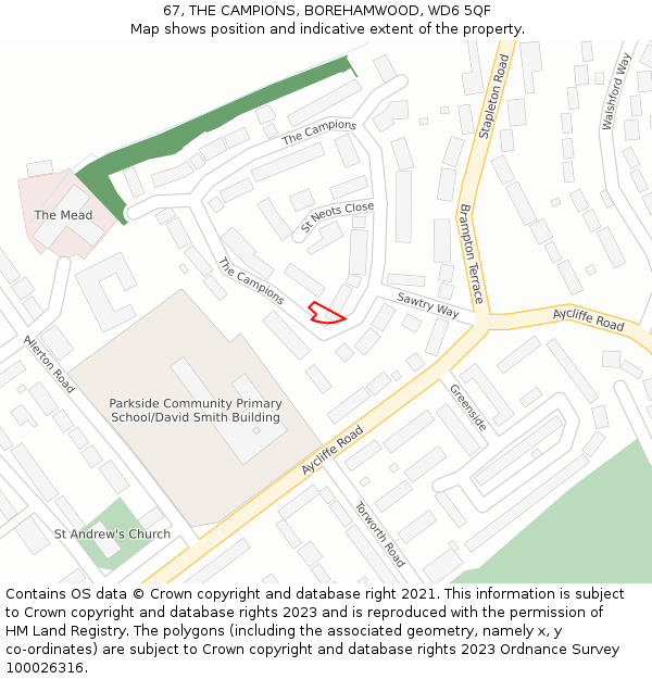 67, THE CAMPIONS, BOREHAMWOOD, WD6 5QF: Location map and indicative extent of plot
