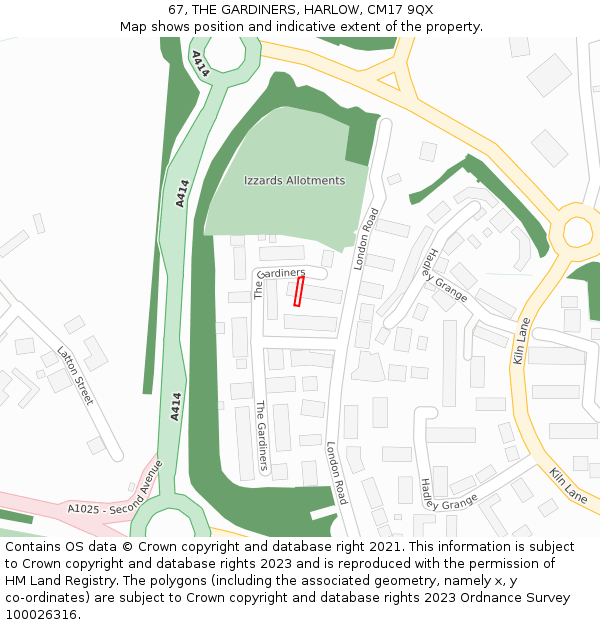 67, THE GARDINERS, HARLOW, CM17 9QX: Location map and indicative extent of plot