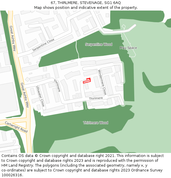67, THIRLMERE, STEVENAGE, SG1 6AQ: Location map and indicative extent of plot