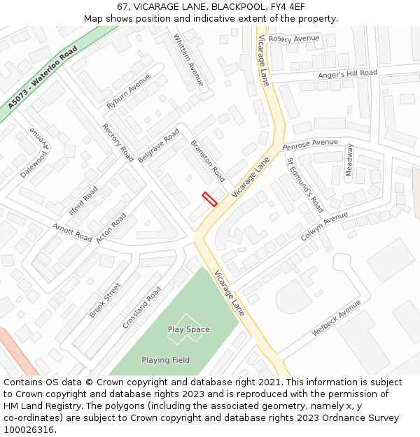 67, VICARAGE LANE, BLACKPOOL, FY4 4EF: Location map and indicative extent of plot