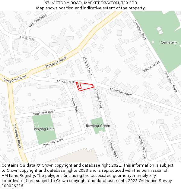 67, VICTORIA ROAD, MARKET DRAYTON, TF9 3DR: Location map and indicative extent of plot