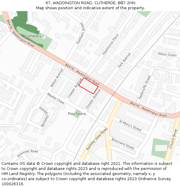 67, WADDINGTON ROAD, CLITHEROE, BB7 2HN: Location map and indicative extent of plot