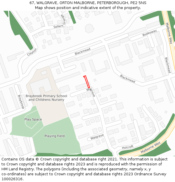 67, WALGRAVE, ORTON MALBORNE, PETERBOROUGH, PE2 5NS: Location map and indicative extent of plot