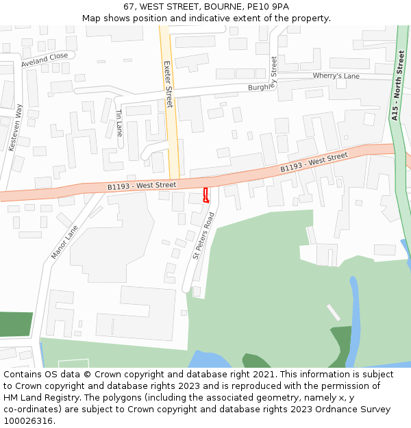 67, WEST STREET, BOURNE, PE10 9PA: Location map and indicative extent of plot