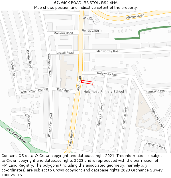 67, WICK ROAD, BRISTOL, BS4 4HA: Location map and indicative extent of plot