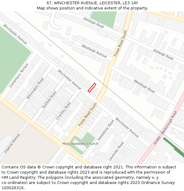 67, WINCHESTER AVENUE, LEICESTER, LE3 1AY: Location map and indicative extent of plot