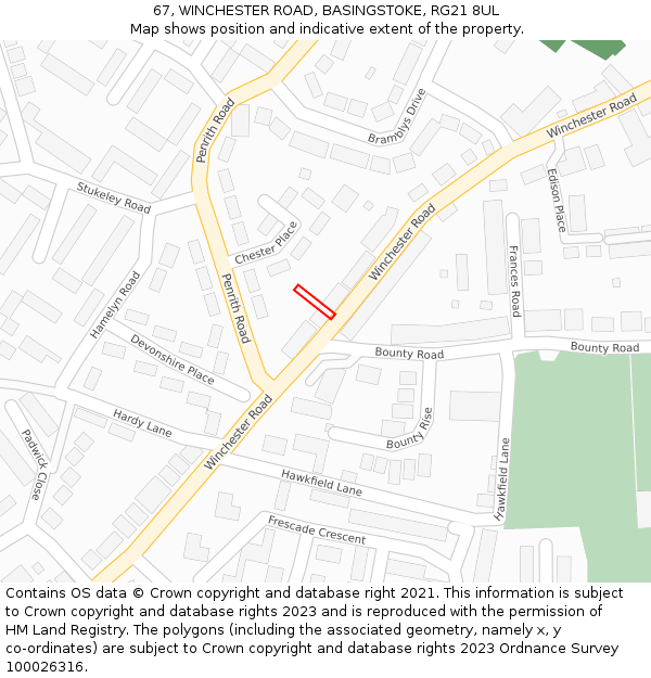 67, WINCHESTER ROAD, BASINGSTOKE, RG21 8UL: Location map and indicative extent of plot