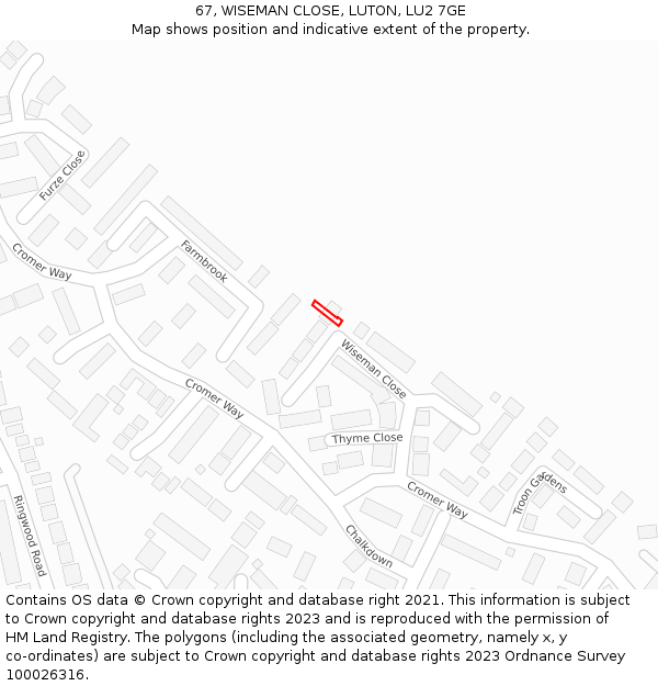 67, WISEMAN CLOSE, LUTON, LU2 7GE: Location map and indicative extent of plot