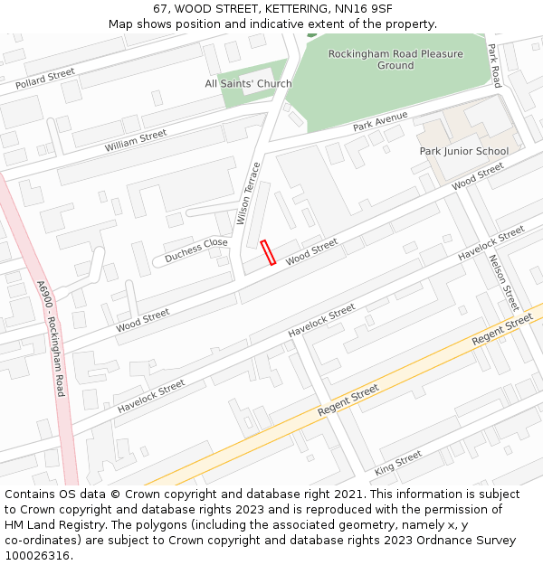 67, WOOD STREET, KETTERING, NN16 9SF: Location map and indicative extent of plot
