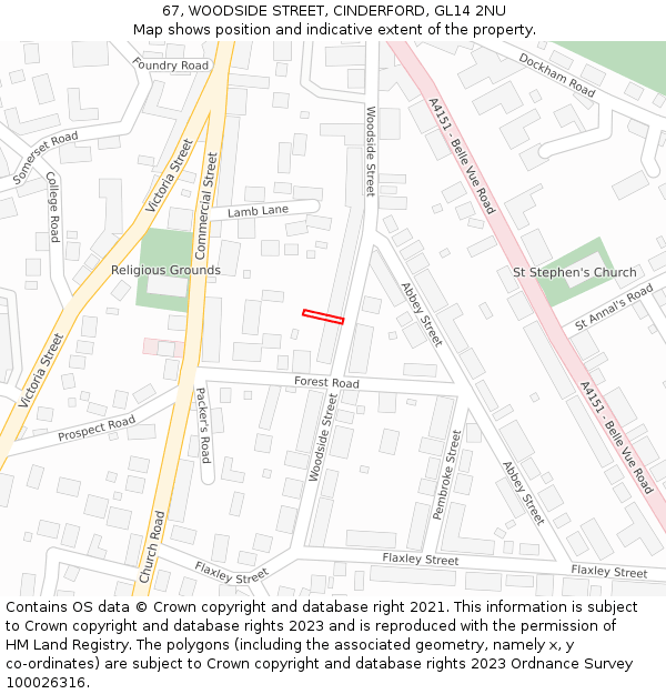 67, WOODSIDE STREET, CINDERFORD, GL14 2NU: Location map and indicative extent of plot