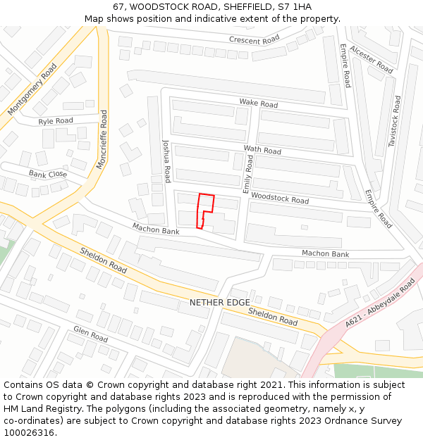67, WOODSTOCK ROAD, SHEFFIELD, S7 1HA: Location map and indicative extent of plot