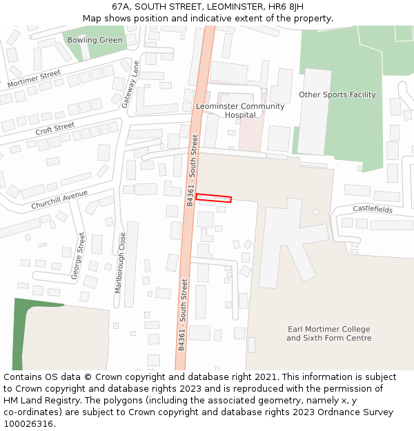 67A, SOUTH STREET, LEOMINSTER, HR6 8JH: Location map and indicative extent of plot