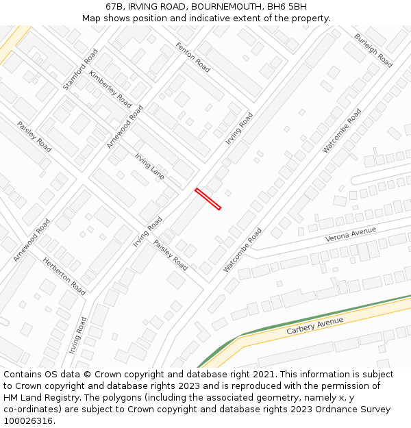 67B, IRVING ROAD, BOURNEMOUTH, BH6 5BH: Location map and indicative extent of plot