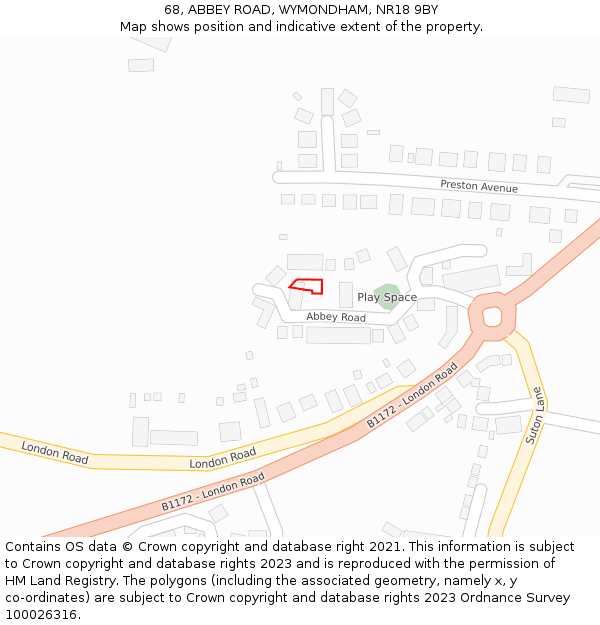 68, ABBEY ROAD, WYMONDHAM, NR18 9BY: Location map and indicative extent of plot