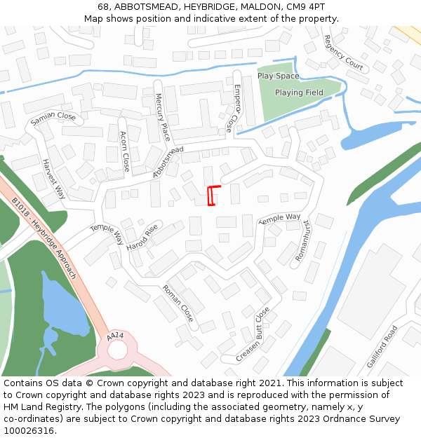 68, ABBOTSMEAD, HEYBRIDGE, MALDON, CM9 4PT: Location map and indicative extent of plot