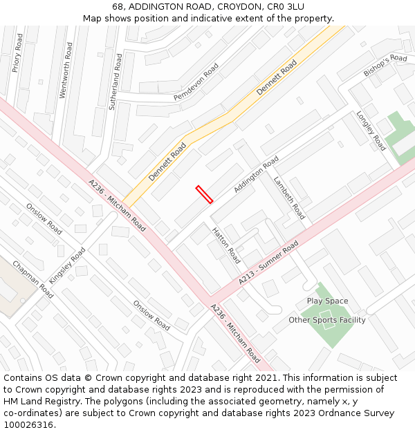 68, ADDINGTON ROAD, CROYDON, CR0 3LU: Location map and indicative extent of plot