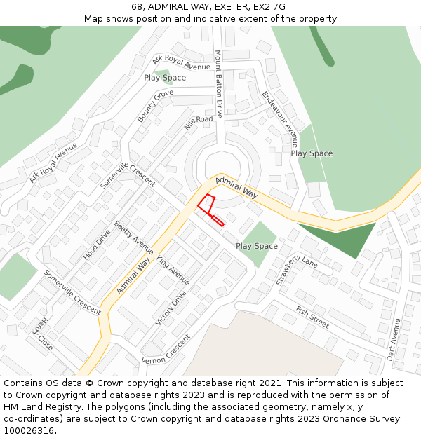 68, ADMIRAL WAY, EXETER, EX2 7GT: Location map and indicative extent of plot