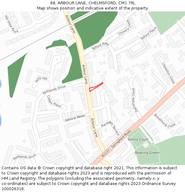 68, ARBOUR LANE, CHELMSFORD, CM1 7RL: Location map and indicative extent of plot