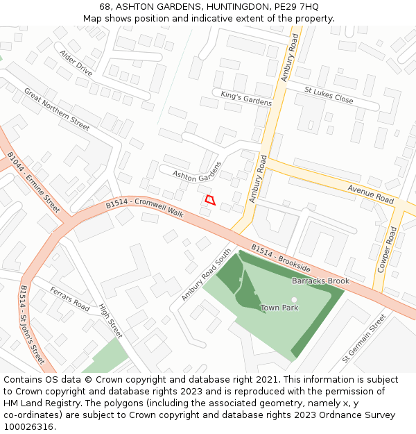 68, ASHTON GARDENS, HUNTINGDON, PE29 7HQ: Location map and indicative extent of plot