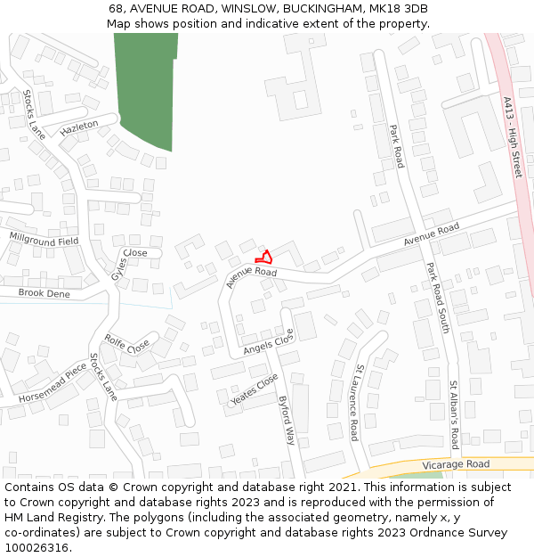 68, AVENUE ROAD, WINSLOW, BUCKINGHAM, MK18 3DB: Location map and indicative extent of plot