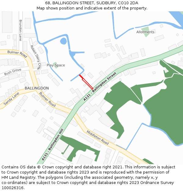 68, BALLINGDON STREET, SUDBURY, CO10 2DA: Location map and indicative extent of plot