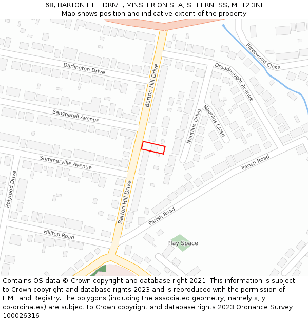 68, BARTON HILL DRIVE, MINSTER ON SEA, SHEERNESS, ME12 3NF: Location map and indicative extent of plot