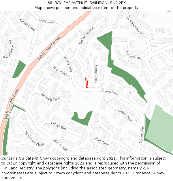 68, BAYLEAF AVENUE, SWINDON, SN2 2RX: Location map and indicative extent of plot