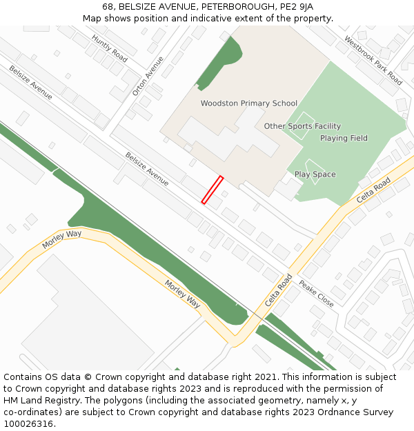 68, BELSIZE AVENUE, PETERBOROUGH, PE2 9JA: Location map and indicative extent of plot