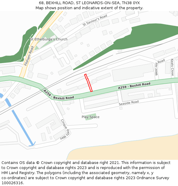 68, BEXHILL ROAD, ST LEONARDS-ON-SEA, TN38 0YX: Location map and indicative extent of plot