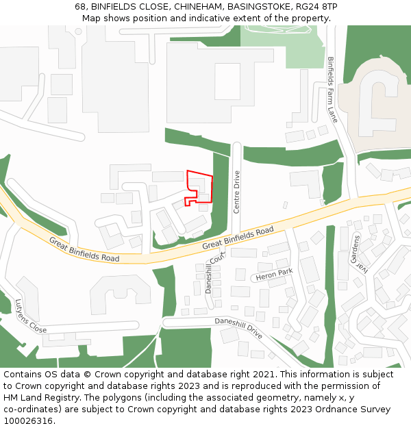 68, BINFIELDS CLOSE, CHINEHAM, BASINGSTOKE, RG24 8TP: Location map and indicative extent of plot