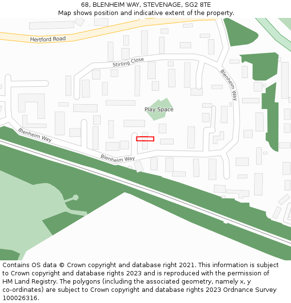 68, BLENHEIM WAY, STEVENAGE, SG2 8TE: Location map and indicative extent of plot