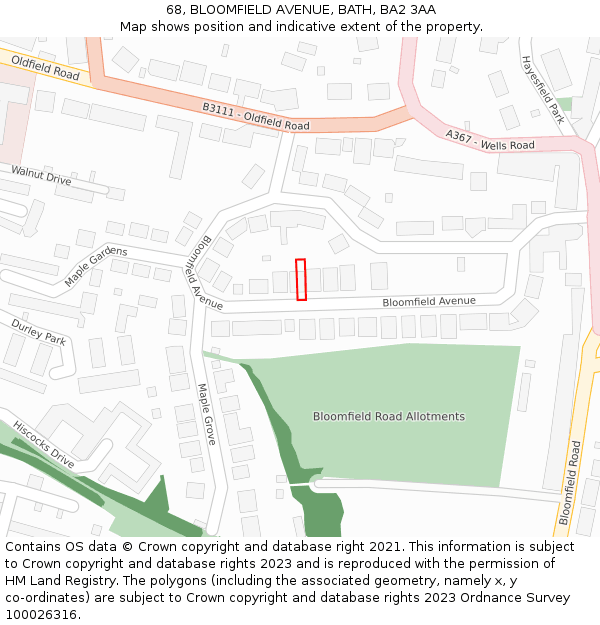 68, BLOOMFIELD AVENUE, BATH, BA2 3AA: Location map and indicative extent of plot