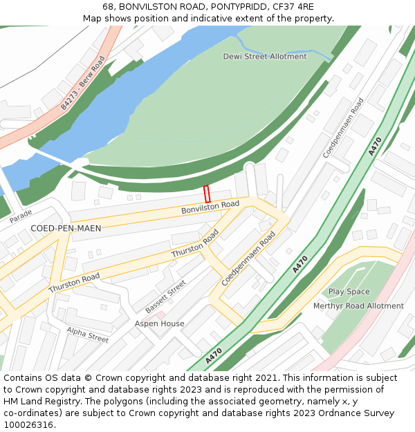 68, BONVILSTON ROAD, PONTYPRIDD, CF37 4RE: Location map and indicative extent of plot