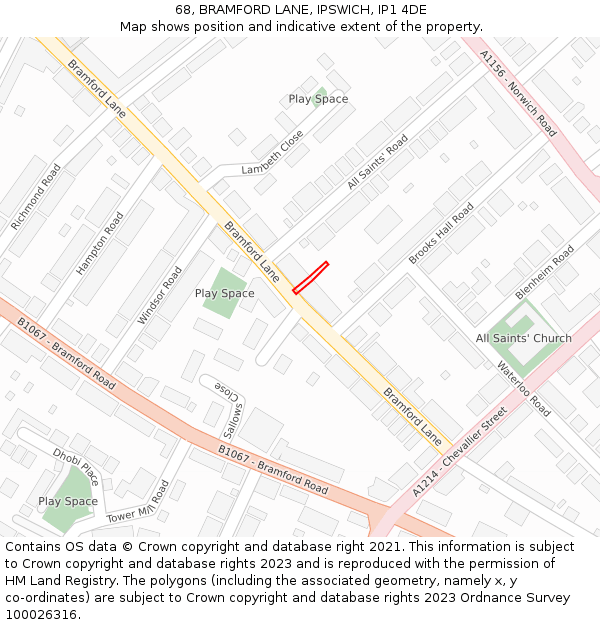 68, BRAMFORD LANE, IPSWICH, IP1 4DE: Location map and indicative extent of plot