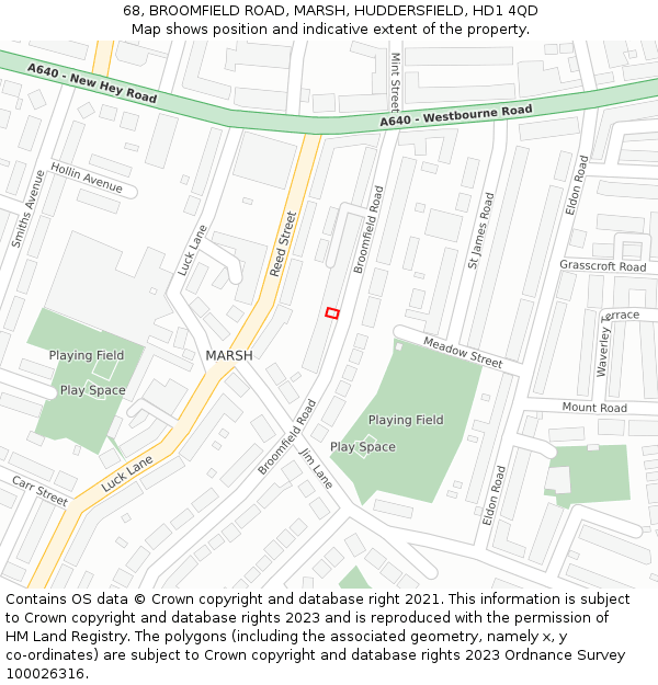 68, BROOMFIELD ROAD, MARSH, HUDDERSFIELD, HD1 4QD: Location map and indicative extent of plot