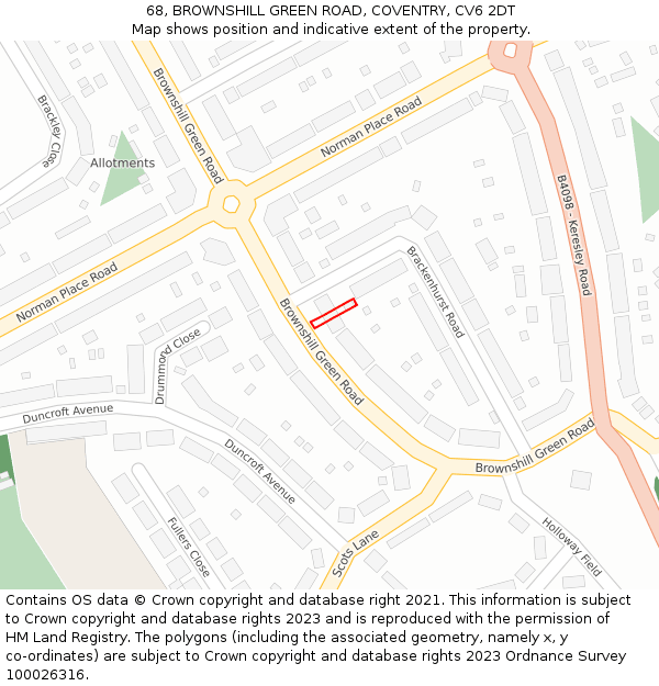 68, BROWNSHILL GREEN ROAD, COVENTRY, CV6 2DT: Location map and indicative extent of plot