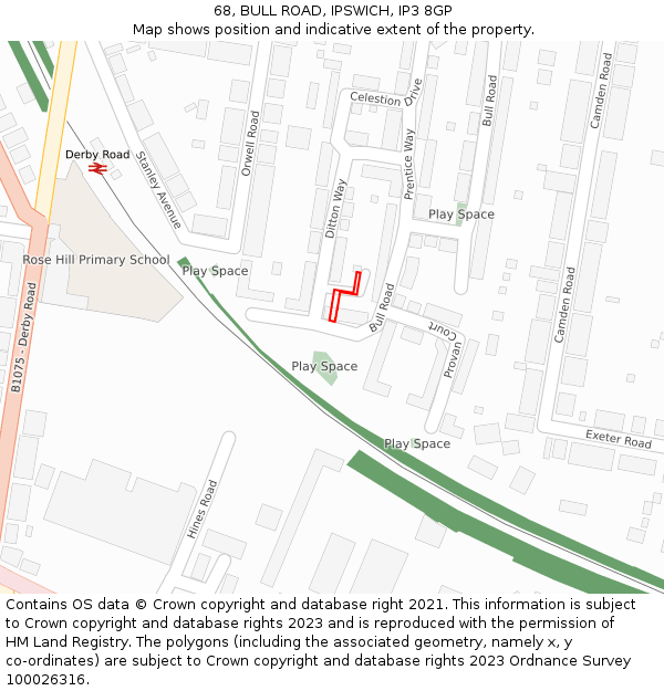 68, BULL ROAD, IPSWICH, IP3 8GP: Location map and indicative extent of plot