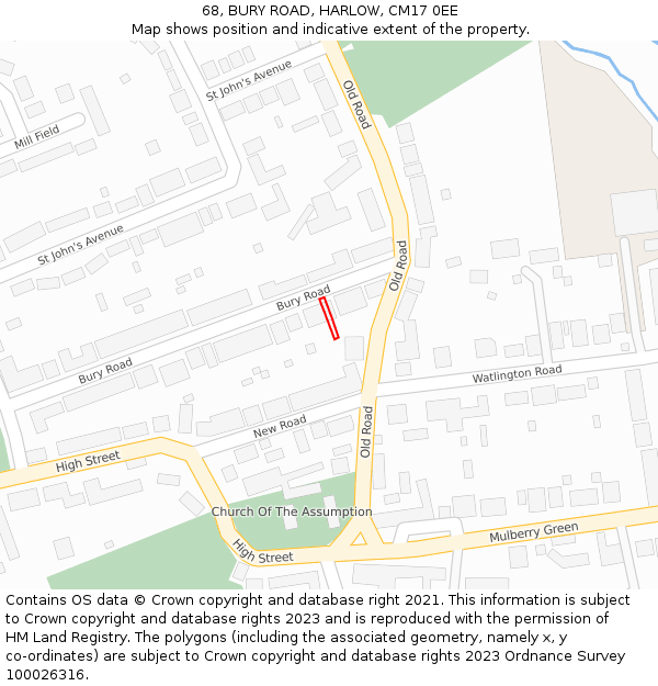 68, BURY ROAD, HARLOW, CM17 0EE: Location map and indicative extent of plot