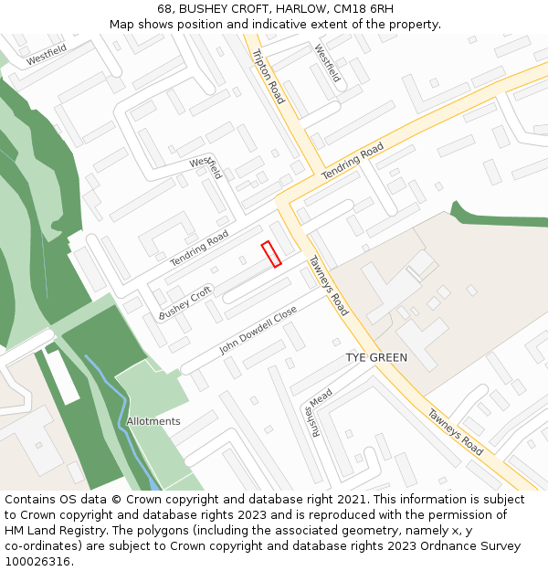 68, BUSHEY CROFT, HARLOW, CM18 6RH: Location map and indicative extent of plot
