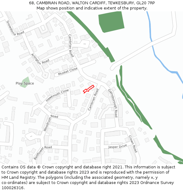 68, CAMBRIAN ROAD, WALTON CARDIFF, TEWKESBURY, GL20 7RP: Location map and indicative extent of plot