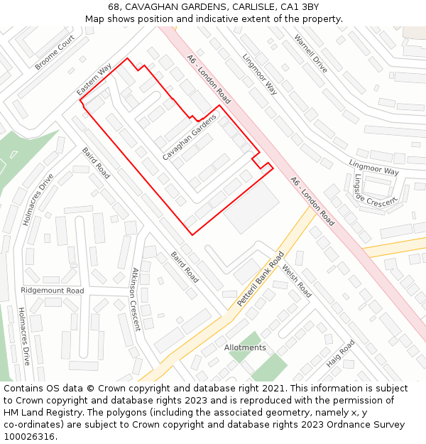 68, CAVAGHAN GARDENS, CARLISLE, CA1 3BY: Location map and indicative extent of plot