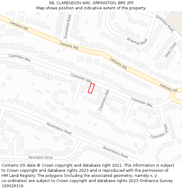 68, CLARENDON WAY, ORPINGTON, BR5 2PF: Location map and indicative extent of plot