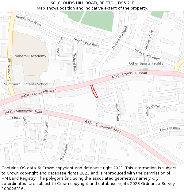 68, CLOUDS HILL ROAD, BRISTOL, BS5 7LF: Location map and indicative extent of plot
