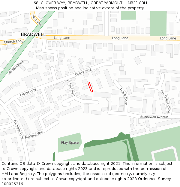 68, CLOVER WAY, BRADWELL, GREAT YARMOUTH, NR31 8RH: Location map and indicative extent of plot