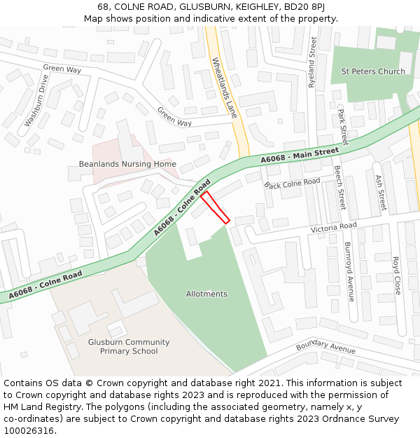 68, COLNE ROAD, GLUSBURN, KEIGHLEY, BD20 8PJ: Location map and indicative extent of plot